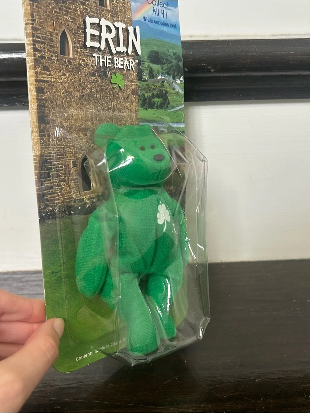 TY Erin The Bear Plush, Clover  - White & Green Shamrock beanie babies